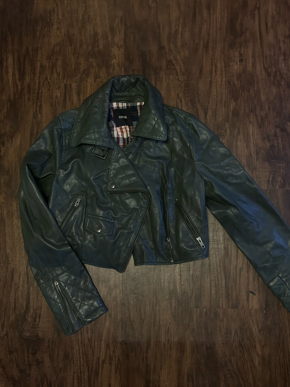 ASOS Dark Green Quilted Leather-Style Biker Jacket